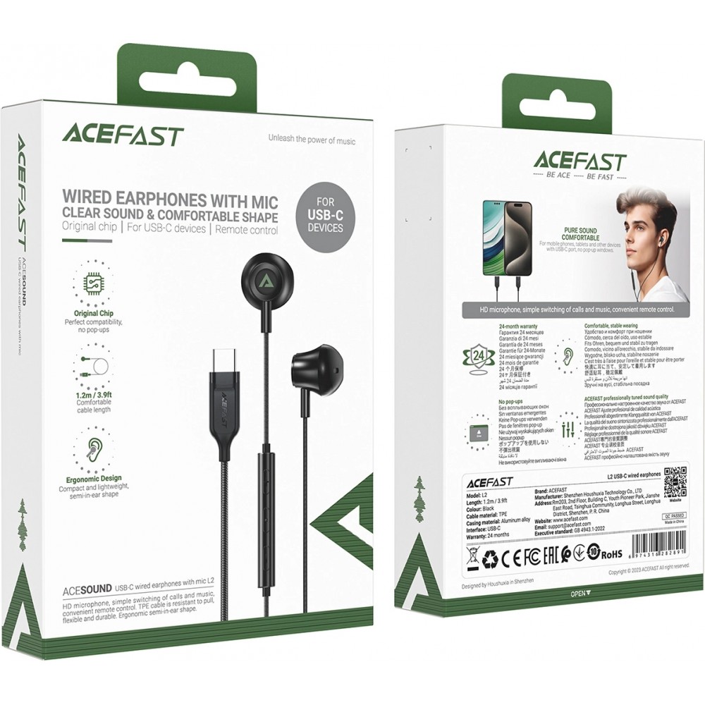 Acefast L2 In-Ear Kopfh&ouml;rer USB-C Anschluss mit Mikrofon und Fernbedienung 1.2 m - Schwarz