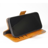 iPhone 17 Air Leder Tasche - Flip Wallet Echtleder mit Akzentstreifen & Kartenhalter - Hellbraun