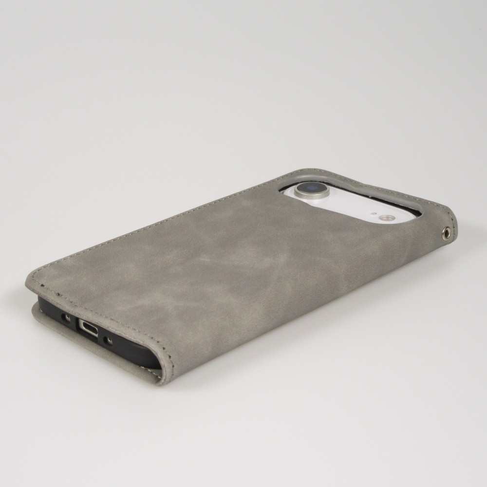 Etui cuir iPhone Air - Flip Wallet vintage avec fermeture aimantée et compartiment cartes - Gris