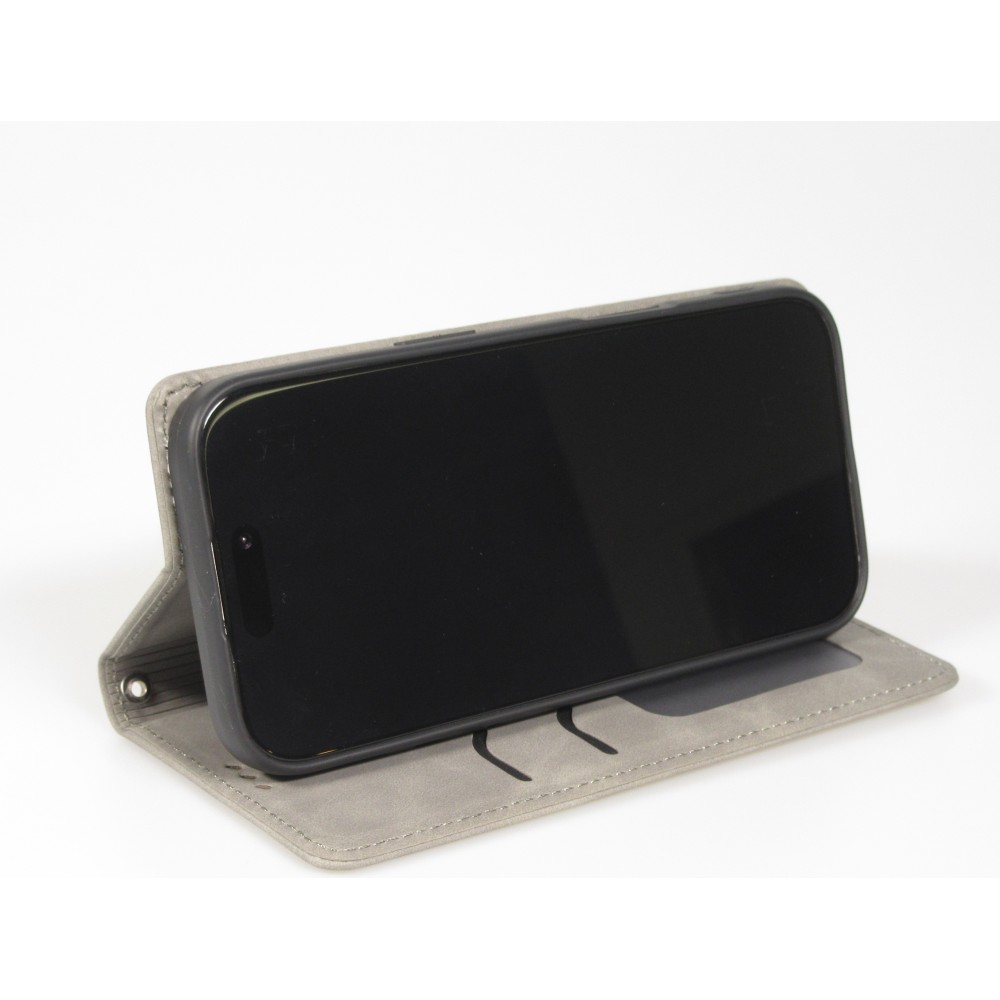 Etui cuir iPhone Air - Flip Wallet vintage avec fermeture aimantée et compartiment cartes - Gris