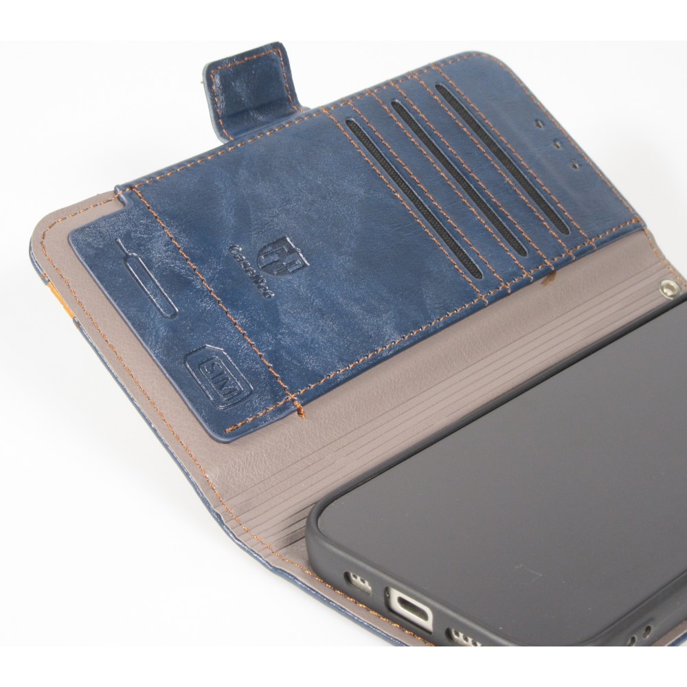 Etui cuir iPhone 17 - Flip Wallet en cuir véritable avec stripe design et compartiment à cartes - Bleu