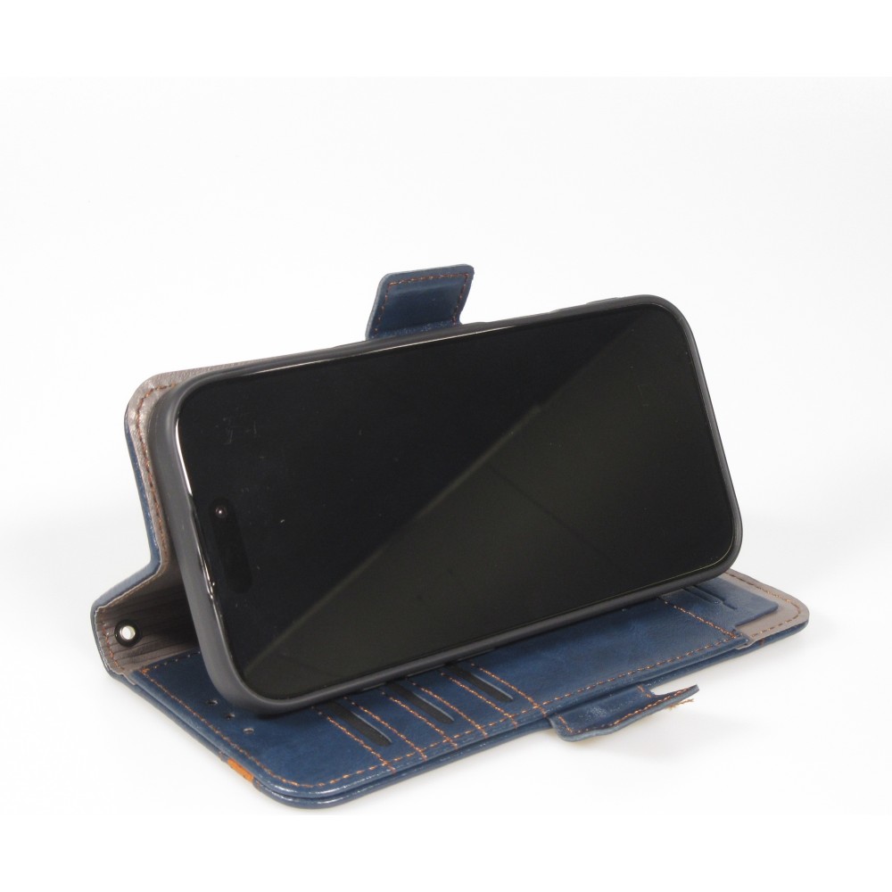 Etui cuir iPhone 17 - Flip Wallet en cuir véritable avec stripe design et compartiment à cartes - Bleu