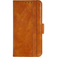 iPhone 17 Leder Tasche - Flip Wallet Echtleder mit Akzentstreifen & Kartenhalter - Hellbraun