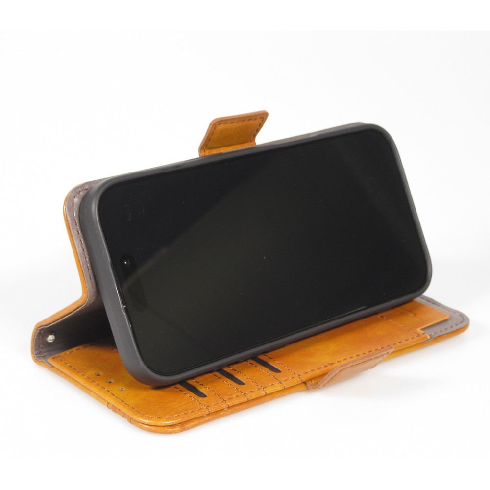 iPhone 17 Leder Tasche - Flip Wallet Echtleder mit Akzentstreifen & Kartenhalter - Hellbraun