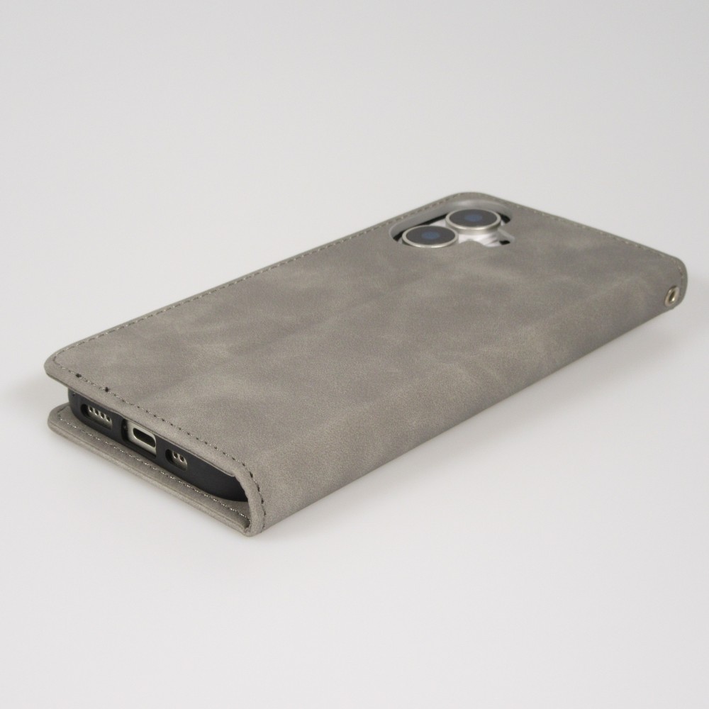 Leder Tasche Case iPhone 17 - Flip Wallet vintage mit Magnetverschluss und Kartenhalter - Grau
