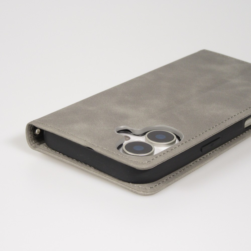 Leder Tasche Case iPhone 17 - Flip Wallet vintage mit Magnetverschluss und Kartenhalter - Grau