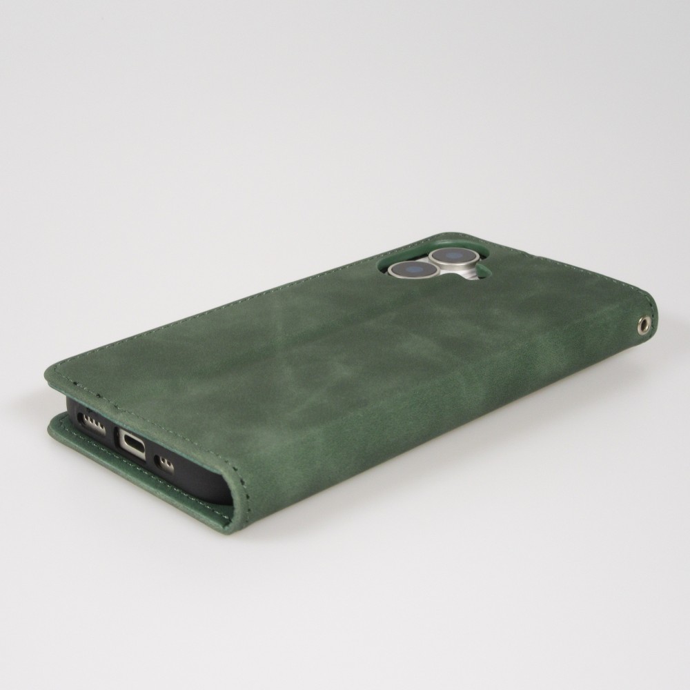 Leder Tasche Case iPhone 17 - Flip Wallet vintage mit Magnetverschluss und Kartenhalter - Dunkelgrün