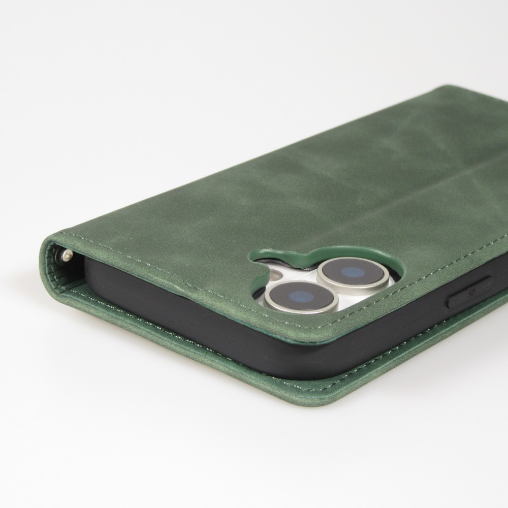 Leder Tasche Case iPhone 17 - Flip Wallet vintage mit Magnetverschluss und Kartenhalter - Dunkelgrün