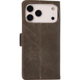 iPhone 17 Pro Max Leder Tasche - Flip Wallet Echtleder mit Akzentstreifen & Kartenhalter - Grau