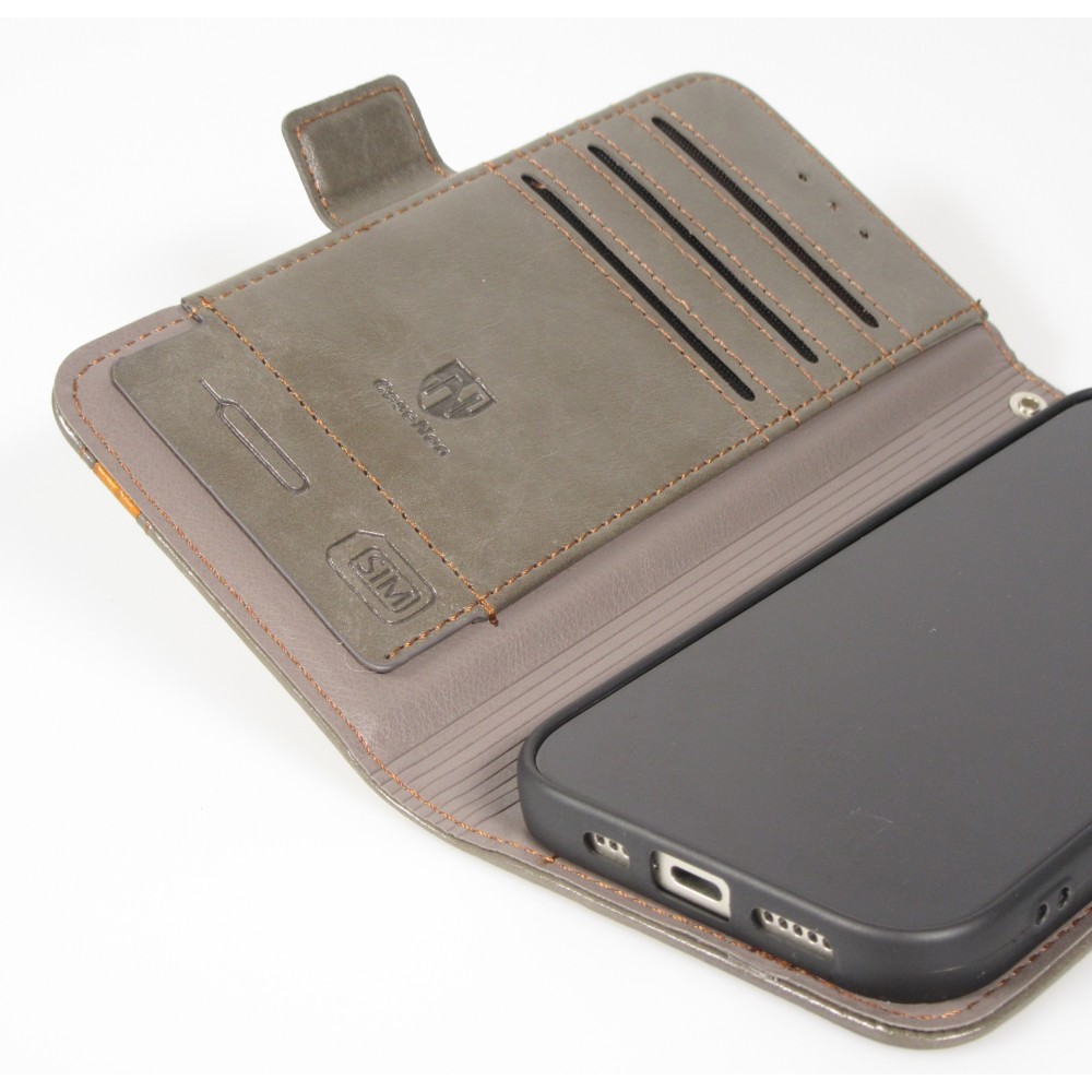 iPhone 17 Pro Max Leder Tasche - Flip Wallet Echtleder mit Akzentstreifen & Kartenhalter - Grau