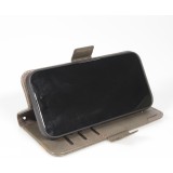 iPhone 17 Pro Max Leder Tasche - Flip Wallet Echtleder mit Akzentstreifen & Kartenhalter - Grau