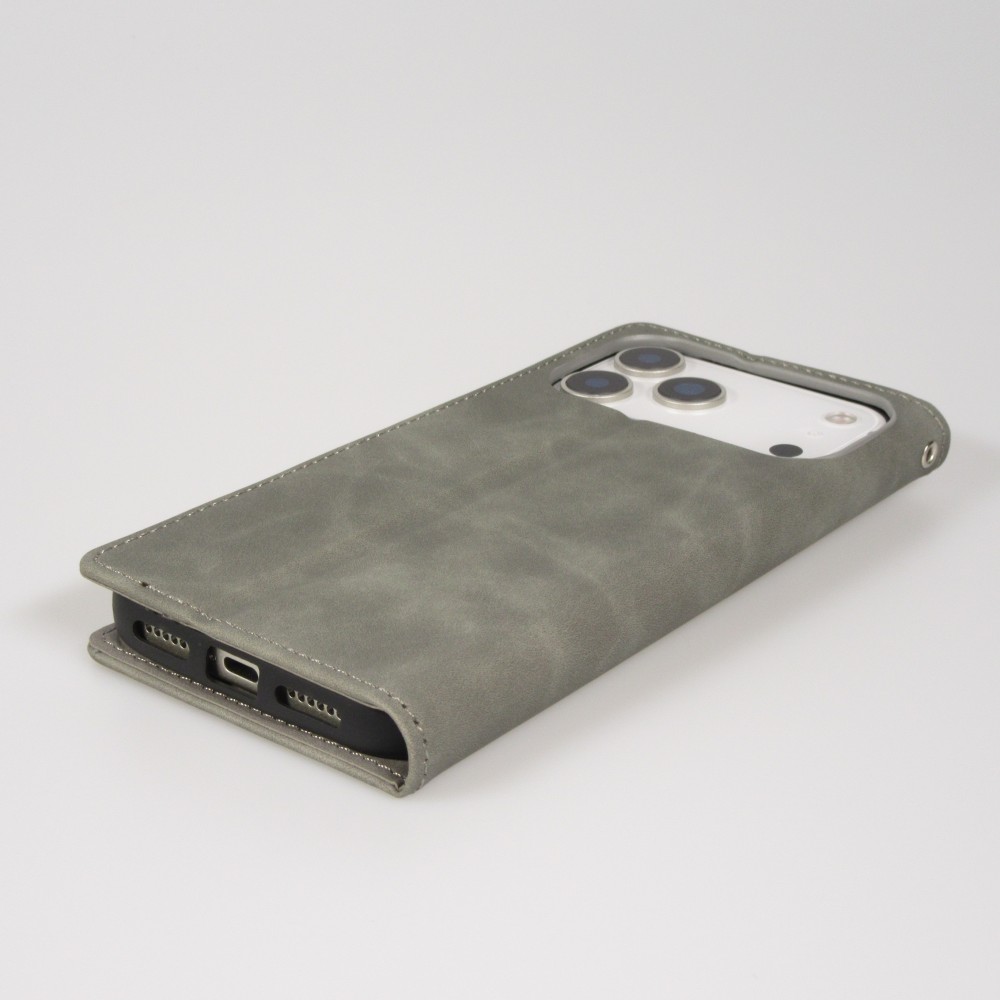 Leder Tasche Case iPhone 17 Pro - Flip Wallet vintage mit Magnetverschluss und Kartenhalter - Grau