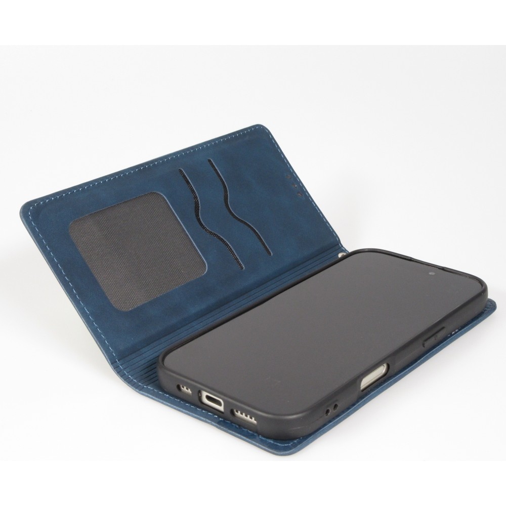 iPhone 17 Pro Max Leder Tasche - Flip Wallet vintage mit Magnetverschluss und Kartenhalter - Blau