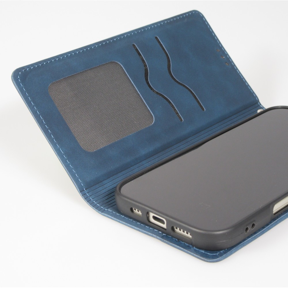 iPhone 17 Pro Max Leder Tasche - Flip Wallet vintage mit Magnetverschluss und Kartenhalter - Blau