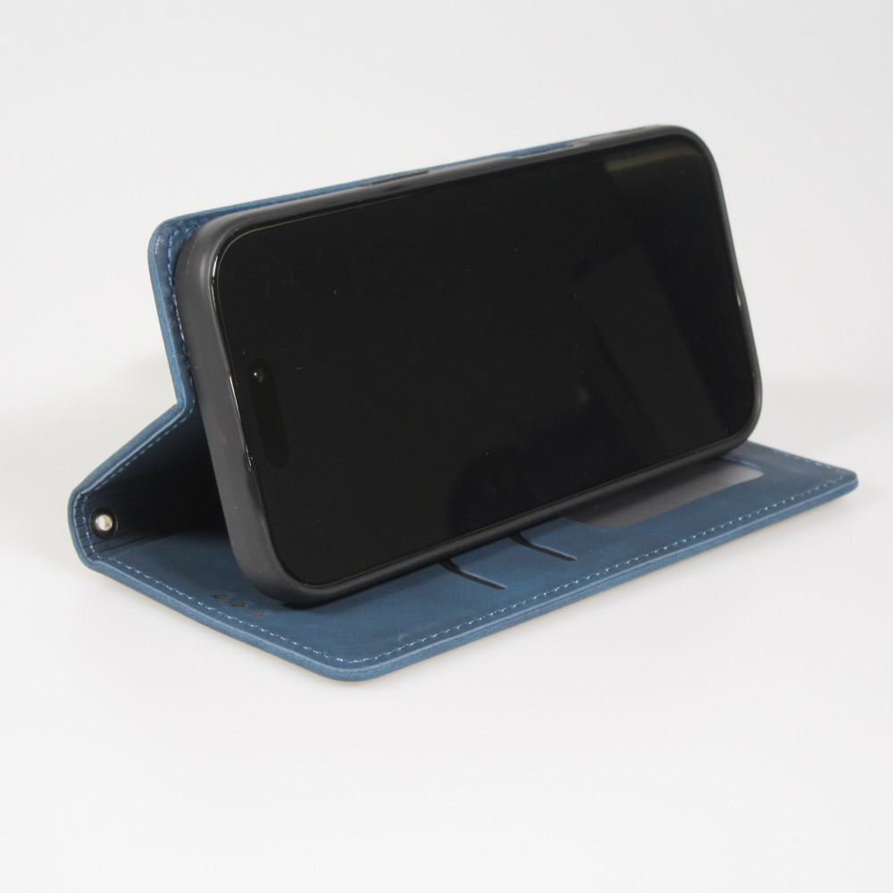 iPhone 17 Pro Max Leder Tasche - Flip Wallet vintage mit Magnetverschluss und Kartenhalter - Blau