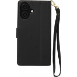 iPhone 16 Case H&uuml;lle - Elegante Flip-Matratze mit Magnetverschluss Trageschlaufe und Kartenf&auml;chern - Schwarz