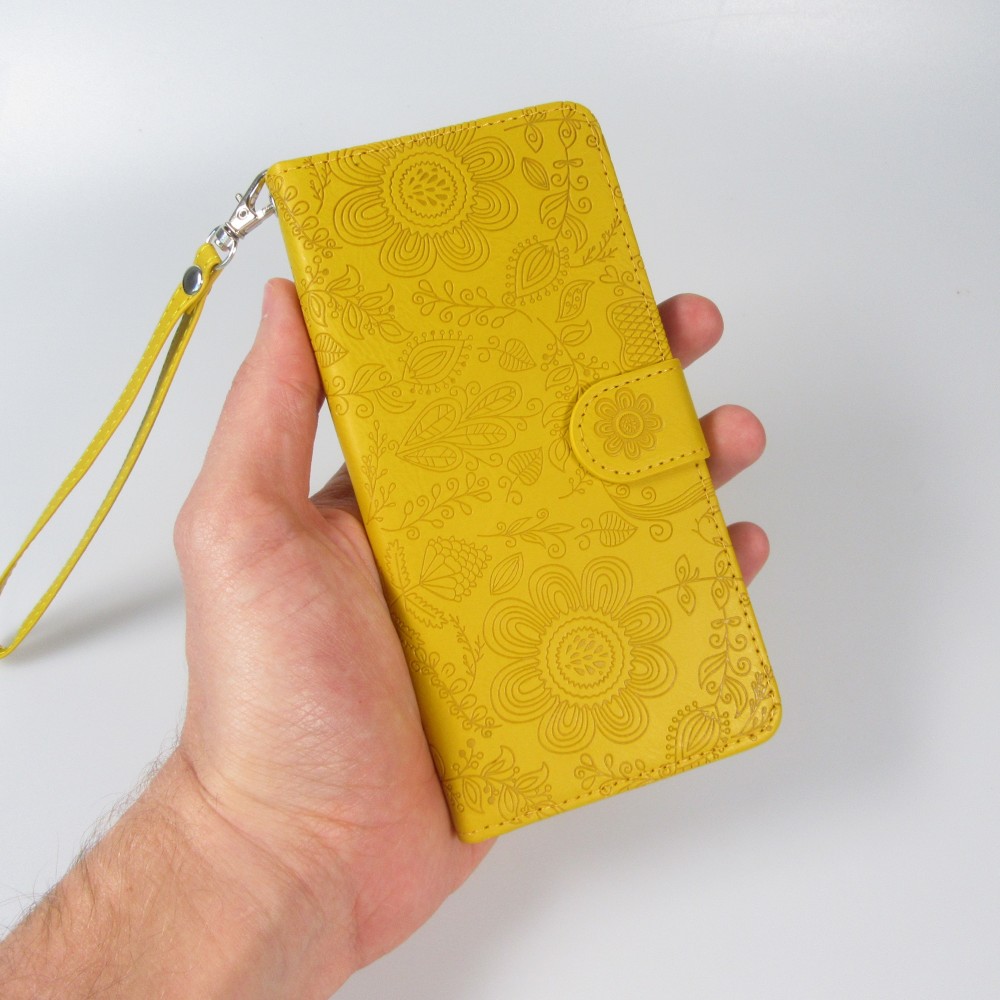 Fourre iPhone 16 - Flip porte-cartes dessins fleurs avec lani&egrave;re - Jaune