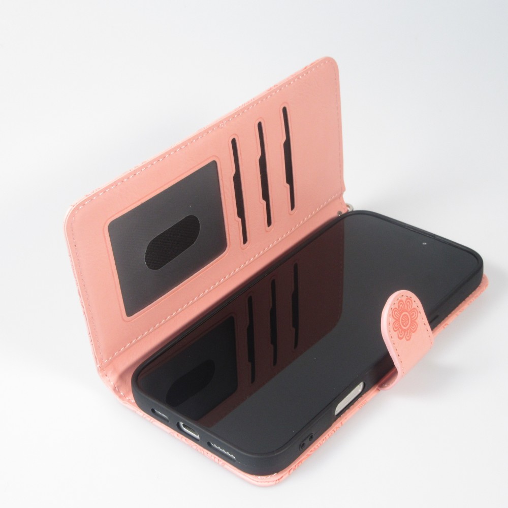 Fourre iPhone 16 - Flip porte-cartes dessins fleurs avec lani&egrave;re - Rose