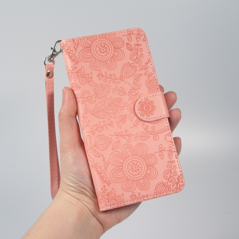 Fourre iPhone 16 - Flip porte-cartes dessins fleurs avec lani&egrave;re - Rose
