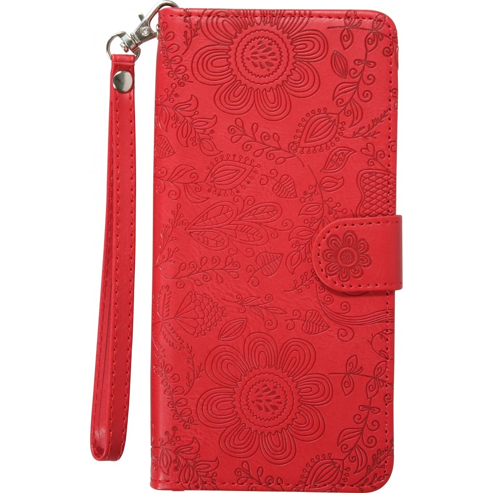 Fourre iPhone 16 - Flip porte-cartes dessins fleurs avec lani&egrave;re - Rouge