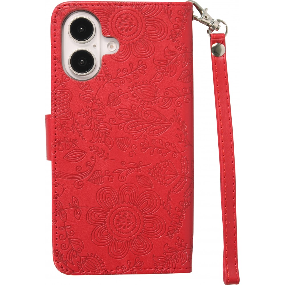 Fourre iPhone 16 - Flip porte-cartes dessins fleurs avec lani&egrave;re - Rouge