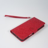 Fourre iPhone 16 - Flip porte-cartes dessins fleurs avec lani&egrave;re - Rouge
