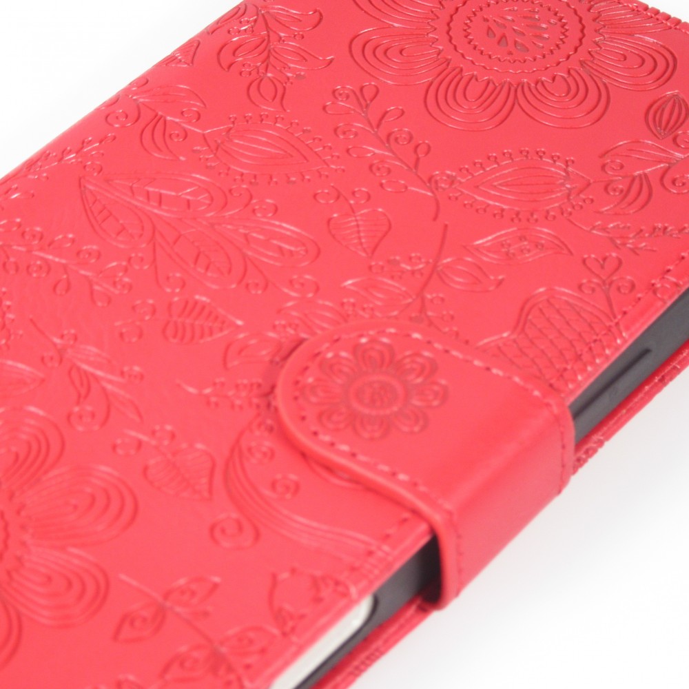 Fourre iPhone 16 - Flip porte-cartes dessins fleurs avec lani&egrave;re - Rouge