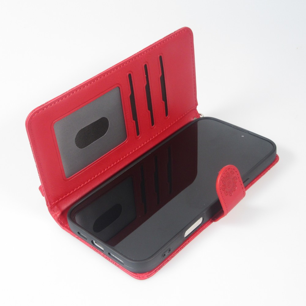 Fourre iPhone 16 - Flip porte-cartes dessins fleurs avec lani&egrave;re - Rouge