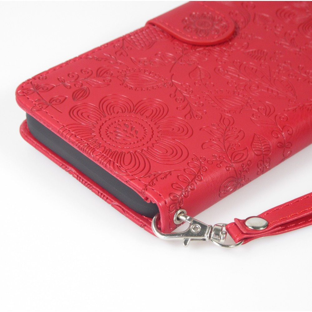 Fourre iPhone 16 - Flip porte-cartes dessins fleurs avec lani&egrave;re - Rouge