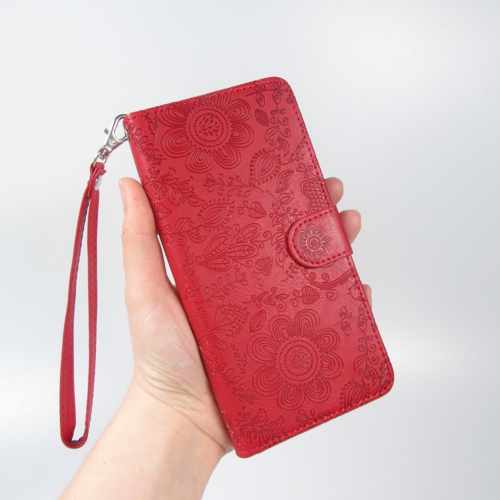 Fourre iPhone 16 - Flip porte-cartes dessins fleurs avec lani&egrave;re - Rouge