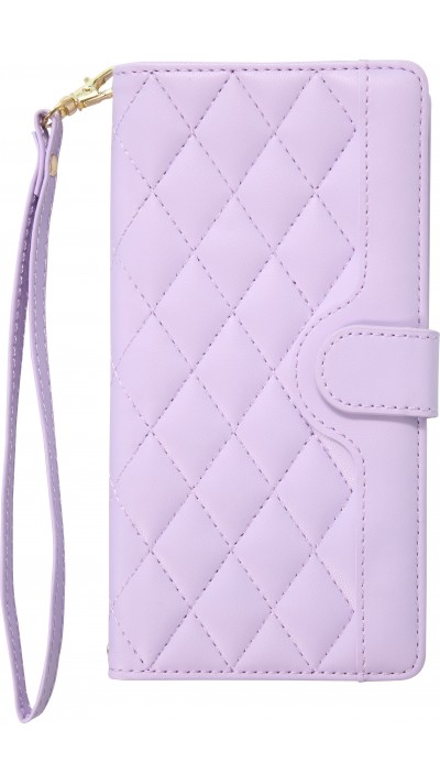 Fourre iPhone 16 Pro - Flip matelassé élégant avec fermeture magnétique et lanière et emplacements pour cartes - Violet clair