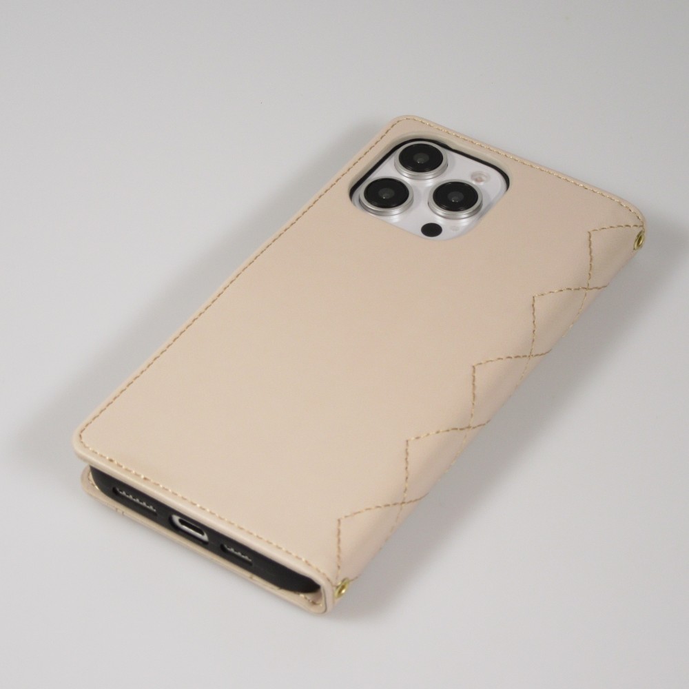 iPhone 16 Pro Max Case H&uuml;lle - Elegante Flip-Matratze mit Magnetverschluss Trageschlaufe und Kartenf&auml;chern - Beige