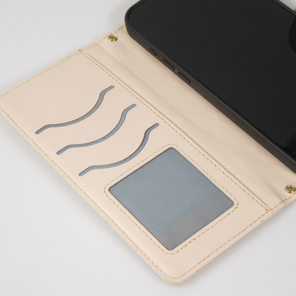 iPhone 16 Pro Max Case H&uuml;lle - Elegante Flip-Matratze mit Magnetverschluss Trageschlaufe und Kartenf&auml;chern - Beige