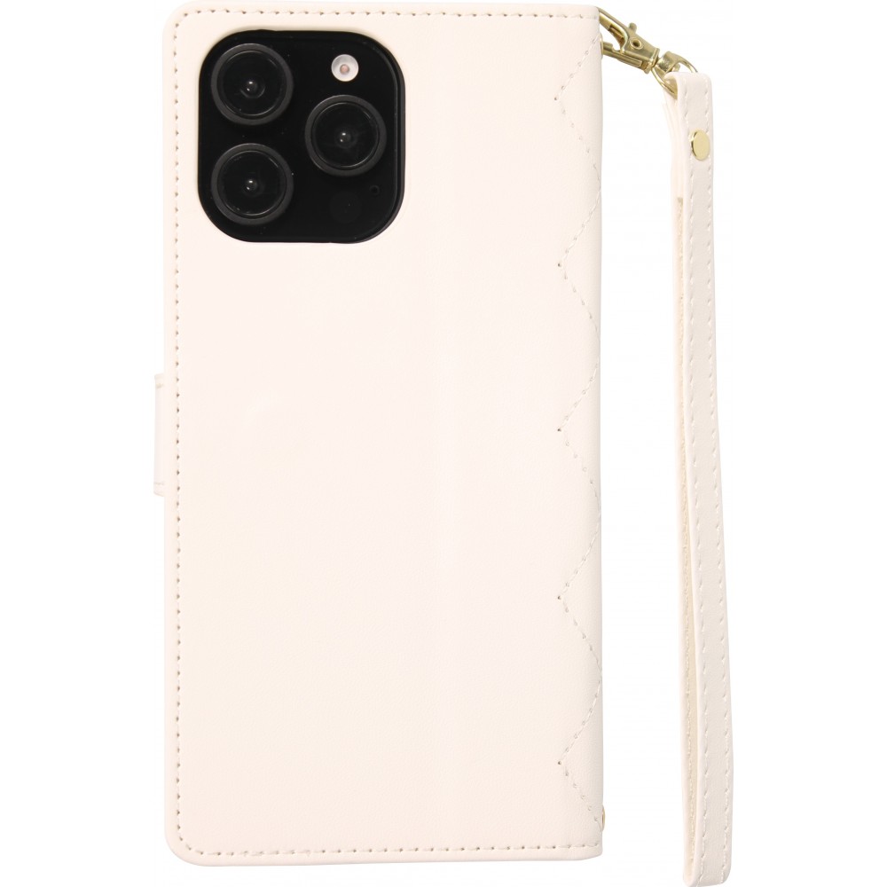 iPhone 16 Pro Max Case H&uuml;lle - Elegante Flip-Matratze mit Magnetverschluss Trageschlaufe und Kartenf&auml;chern - Weiss