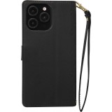 iPhone 16 Pro Max Case H&uuml;lle - Elegante Flip-Matratze mit Magnetverschluss Trageschlaufe und Kartenf&auml;chern - Schwarz