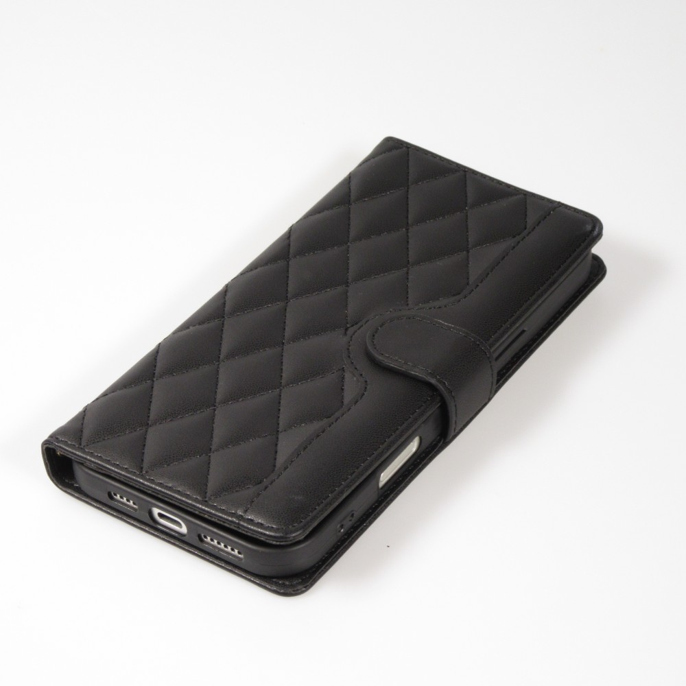 iPhone 16 Pro Max Case H&uuml;lle - Elegante Flip-Matratze mit Magnetverschluss Trageschlaufe und Kartenf&auml;chern - Schwarz
