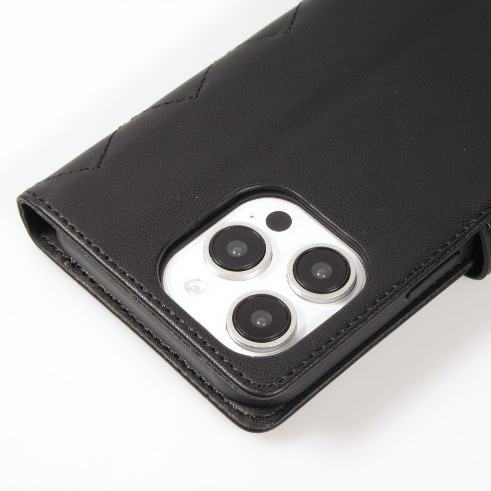 iPhone 16 Pro Max Case H&uuml;lle - Elegante Flip-Matratze mit Magnetverschluss Trageschlaufe und Kartenf&auml;chern - Schwarz