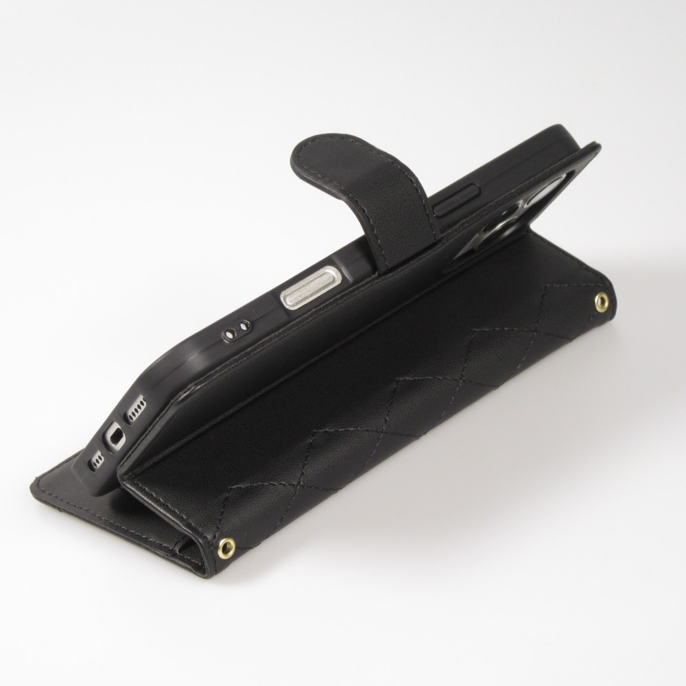 iPhone 16 Pro Max Case H&uuml;lle - Elegante Flip-Matratze mit Magnetverschluss Trageschlaufe und Kartenf&auml;chern - Schwarz