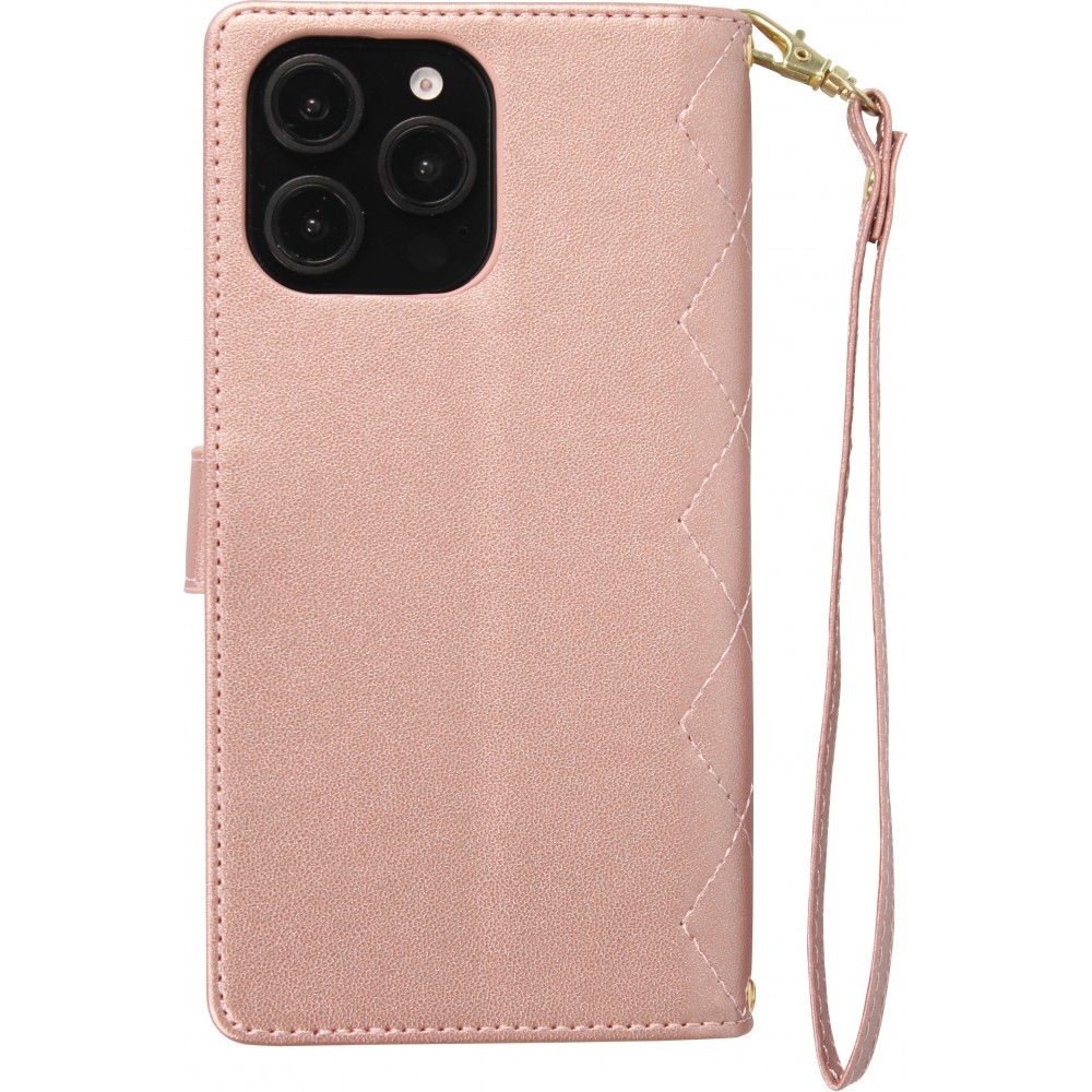 iPhone 16 Pro Max Case Hülle - Elegante Flip-Matratze mit Magnetverschluss Trageschlaufe und Kartenfächern - Rosa gold