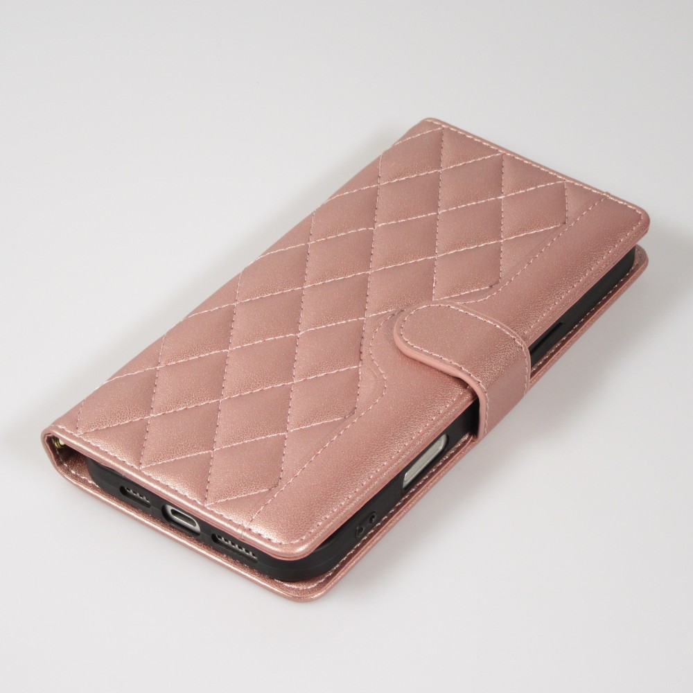 iPhone 16 Pro Max Case Hülle - Elegante Flip-Matratze mit Magnetverschluss Trageschlaufe und Kartenfächern - Rosa gold