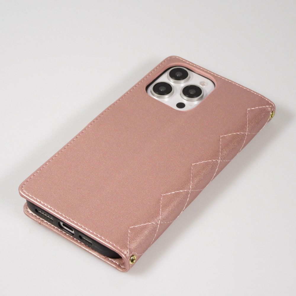 iPhone 16 Pro Max Case Hülle - Elegante Flip-Matratze mit Magnetverschluss Trageschlaufe und Kartenfächern - Rosa gold