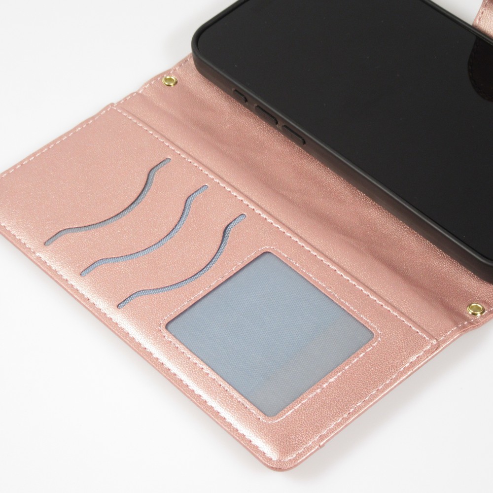 iPhone 16 Pro Max Case Hülle - Elegante Flip-Matratze mit Magnetverschluss Trageschlaufe und Kartenfächern - Rosa gold