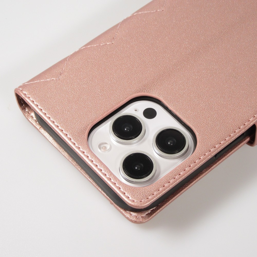 iPhone 16 Pro Max Case Hülle - Elegante Flip-Matratze mit Magnetverschluss Trageschlaufe und Kartenfächern - Rosa gold