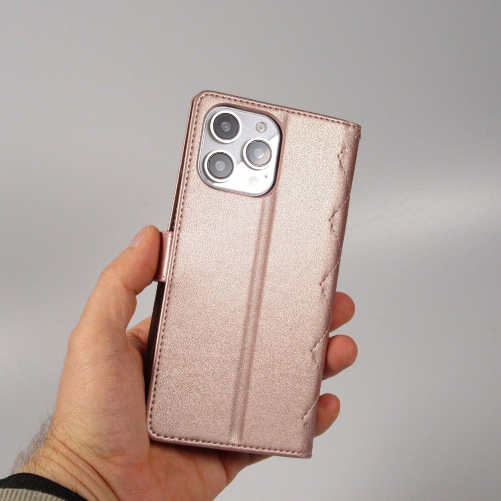 iPhone 16 Pro Max Case Hülle - Elegante Flip-Matratze mit Magnetverschluss Trageschlaufe und Kartenfächern - Rosa gold