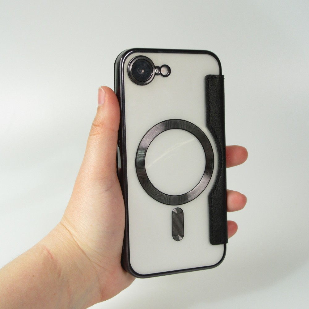 iPhone 16e Case H&uuml;lle - Flip-Elektroplatte mit MagSafe und Lederklappe - Schwarz