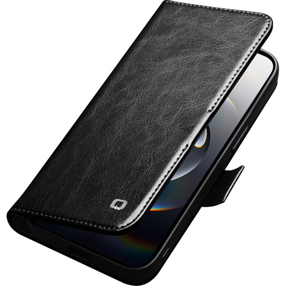 iPhone 16e Case Hülle - Flip Qialino Echtleder mit magnetischem Verschluss - Schwarz