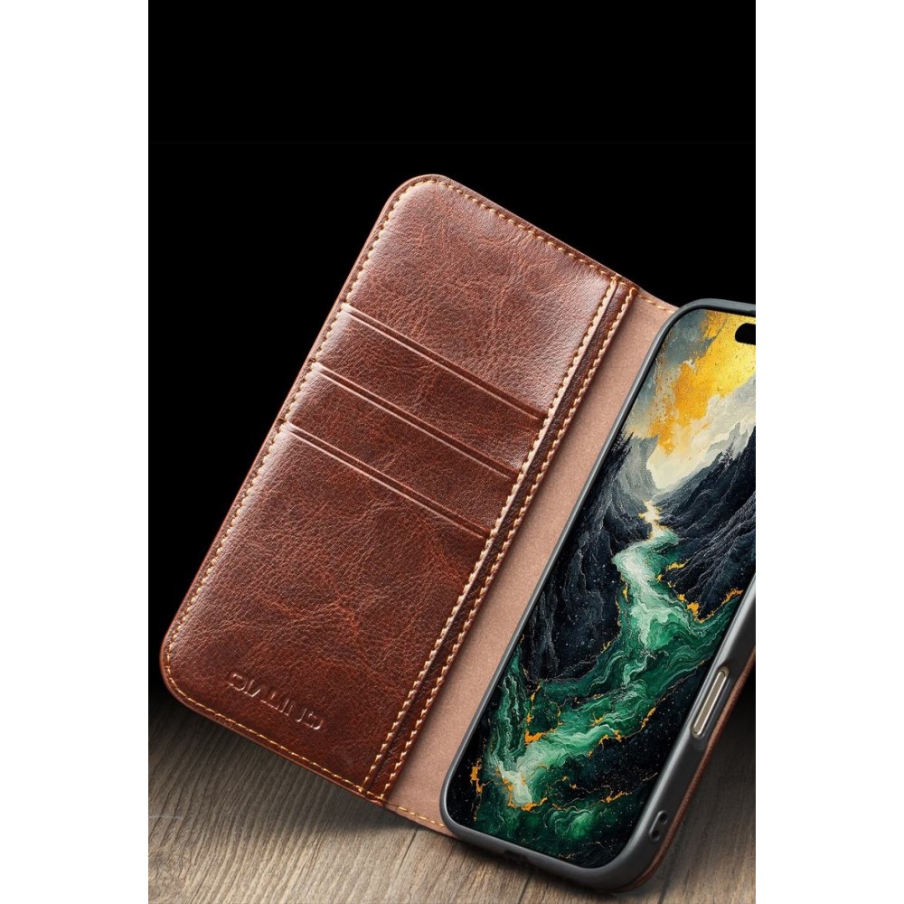 iPhone 17 Case Hülle - Qialino Flip Classic Wallet Echtleder - Braun