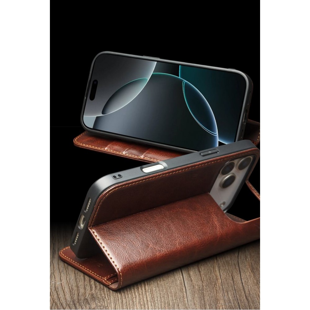 iPhone 17 Case Hülle - Qialino Flip Classic Wallet Echtleder - Hellbraun