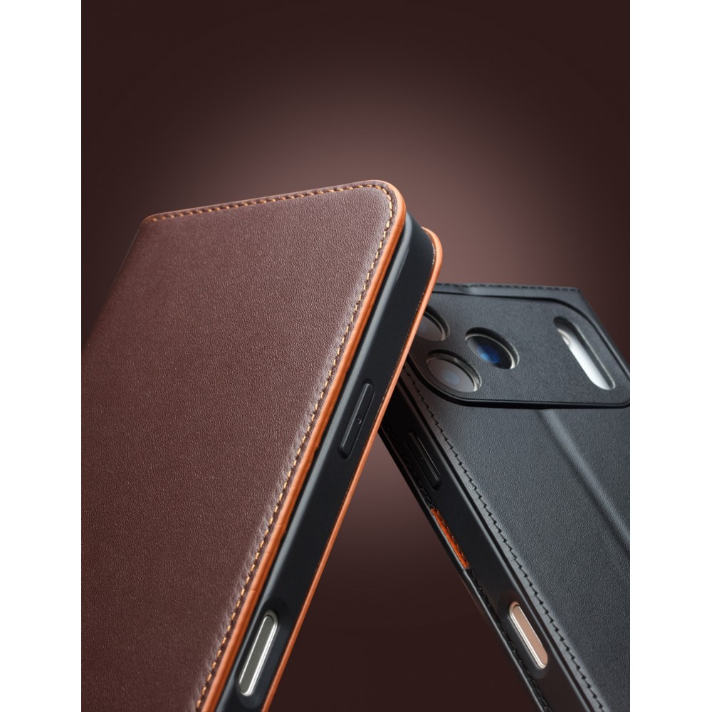 iPhone 17 Case Hülle - Qialino Flip Matt Wallet Echtleder - Braun