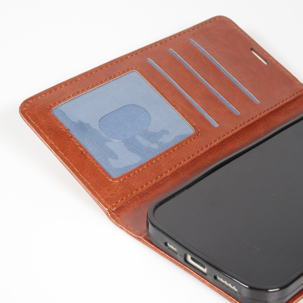 Fourre iPhone 17 - Premium Flip cuir lisse porte-cartes - Brun